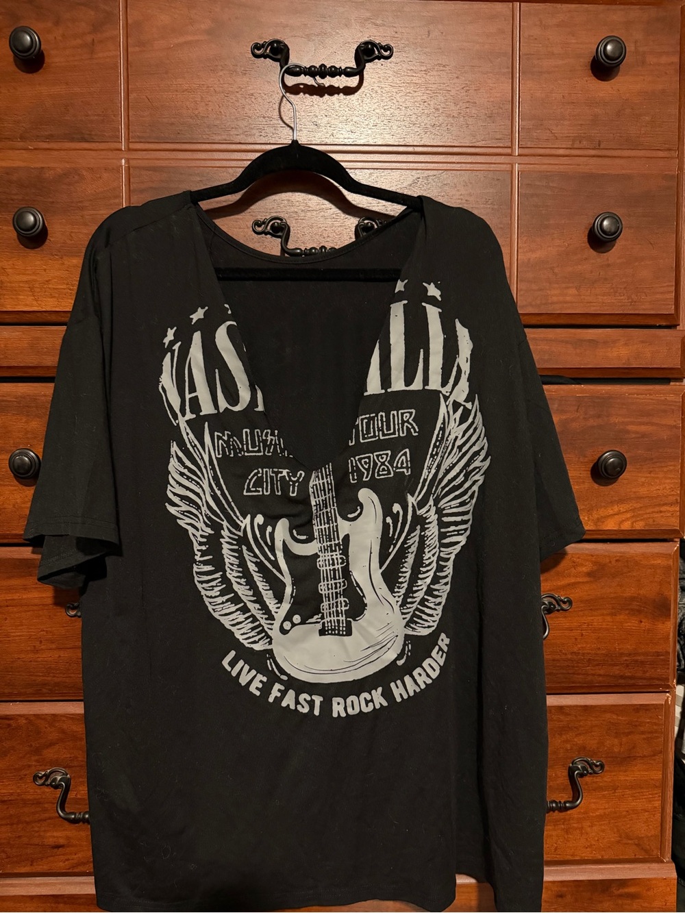 Black Graphic Short Sleeve Tee with Guitar Wing Print